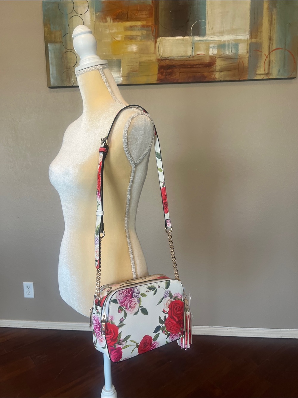 Aldo White Crossbody Bag with Red & Pink Rose Print
